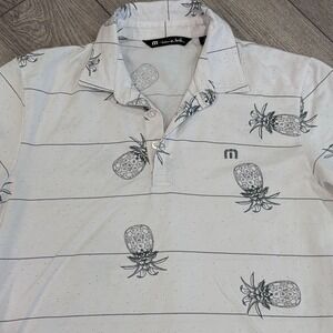 Travis Mathew Polo Shirt Mens Small White Pineapple Stripe Golf Casual Preppy